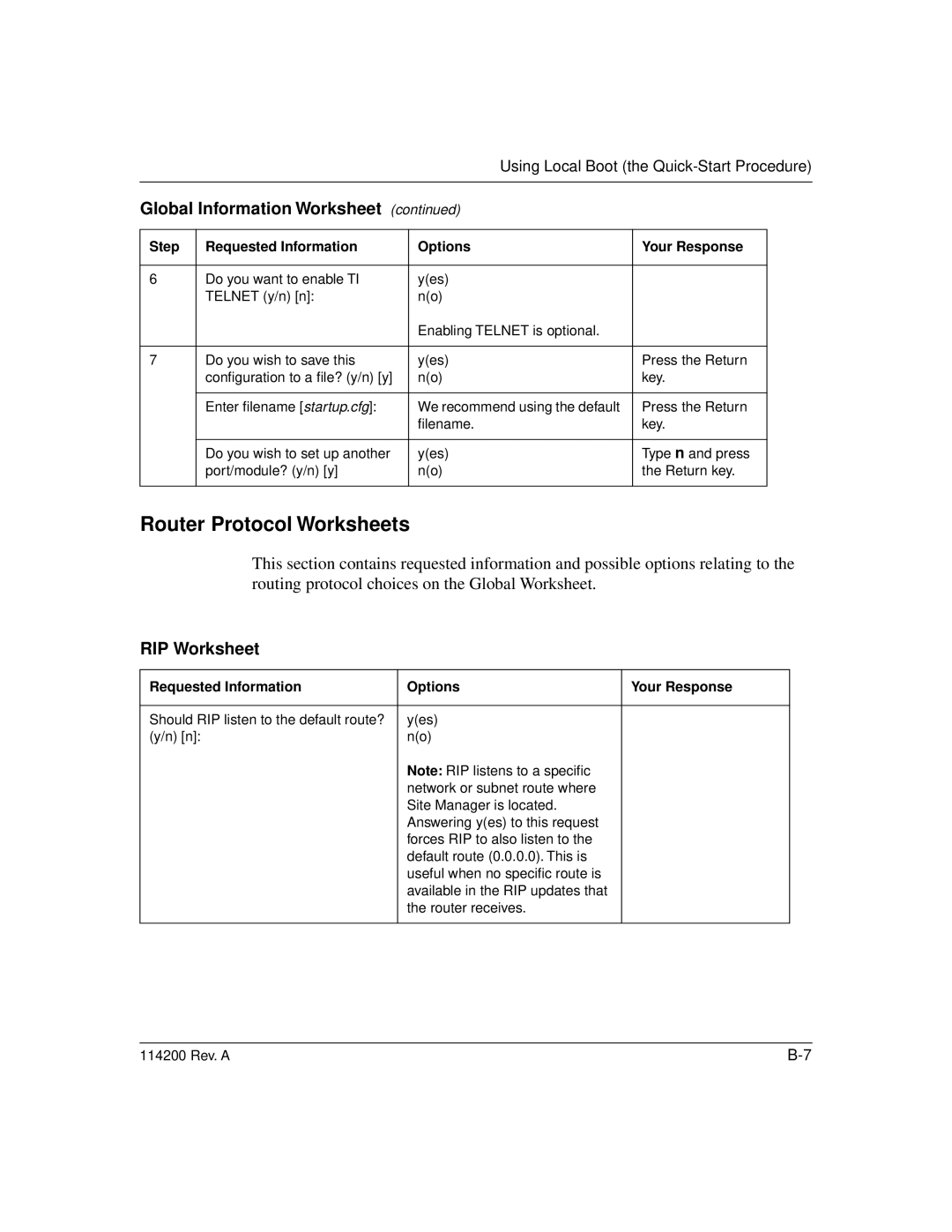 Bay Technical Associates none manual Router Protocol Worksheets, RIP Worksheet, Requested Information Options Your Response 