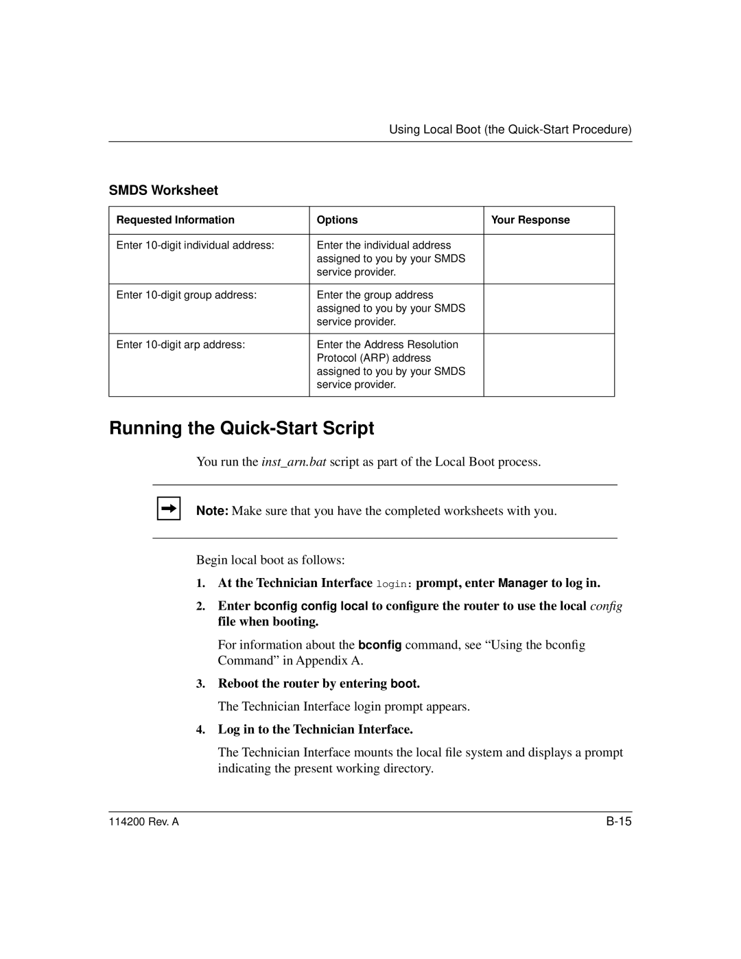 Bay Technical Associates none manual Running the Quick-Start Script, Smds Worksheet 