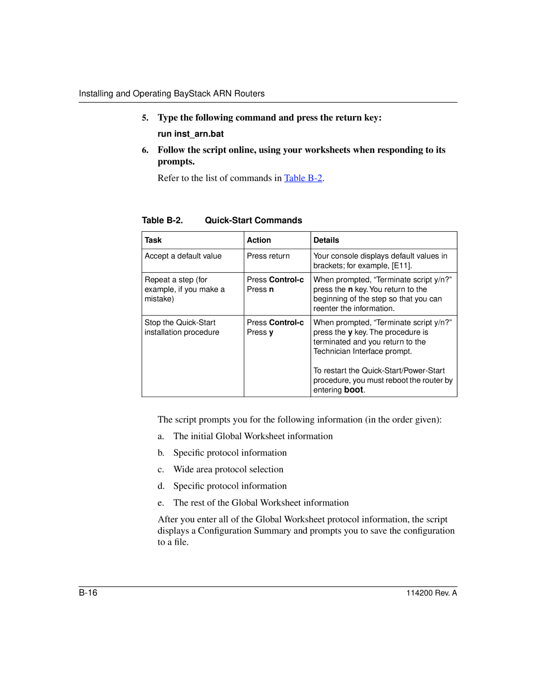 Bay Technical Associates none manual Table B-2 Quick-Start Commands, Task Action Details, Press Control-c 