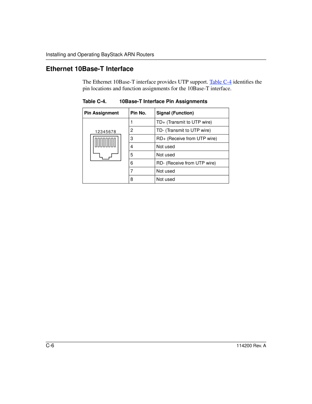 Bay Technical Associates none manual Ethernet 10Base-T Interface, Table C-4 Base-T Interface Pin Assignments 