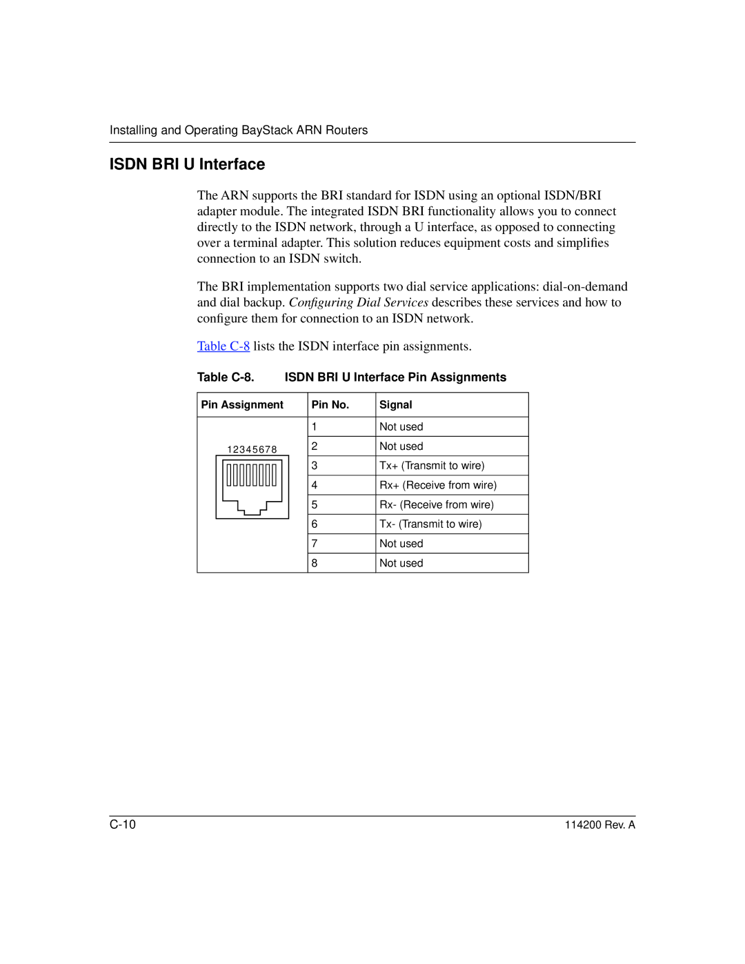 Bay Technical Associates none manual Table C-8. Isdn BRI U Interface Pin Assignments, Pin Assignment Pin No Signal 