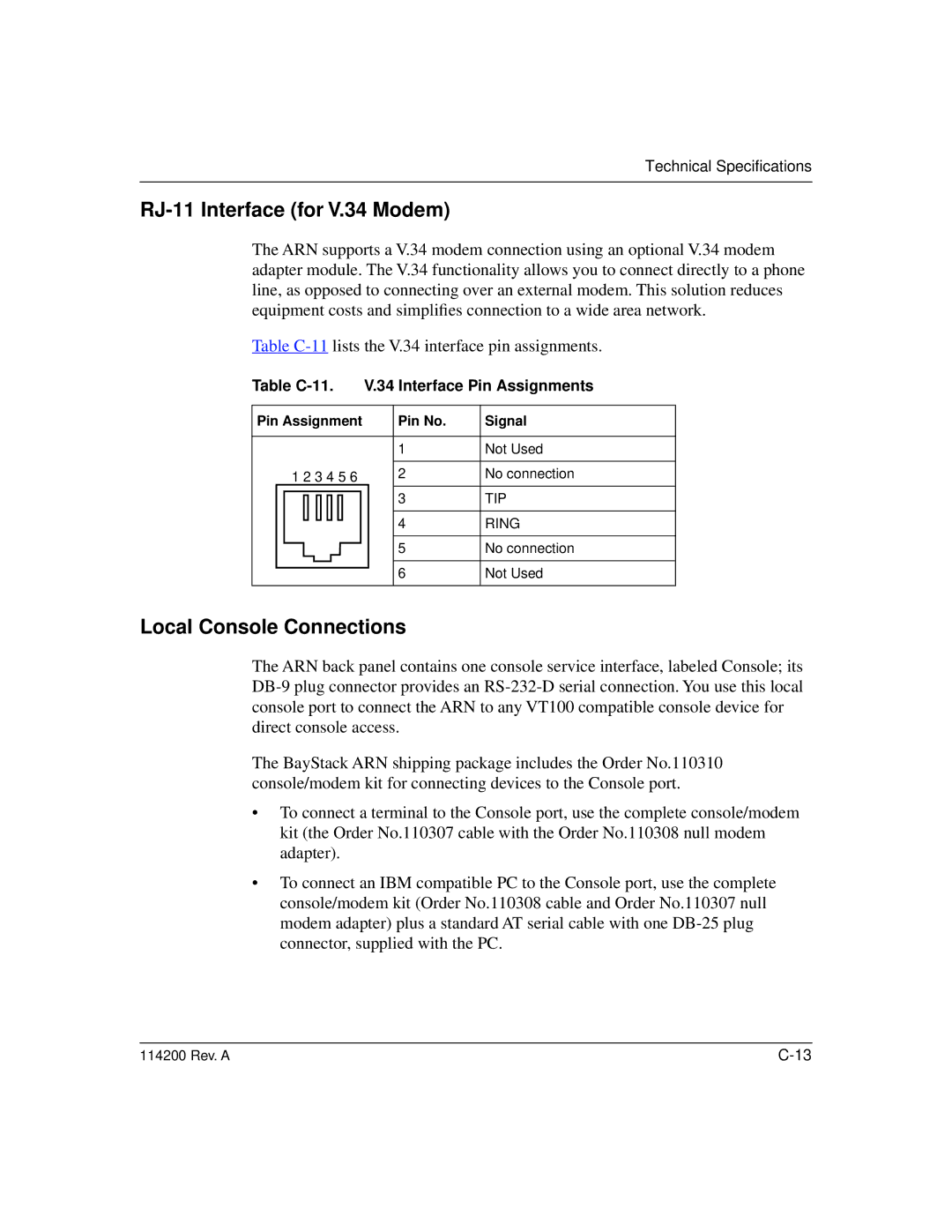 Bay Technical Associates none manual RJ-11 Interface for V.34 Modem, Local Console Connections 