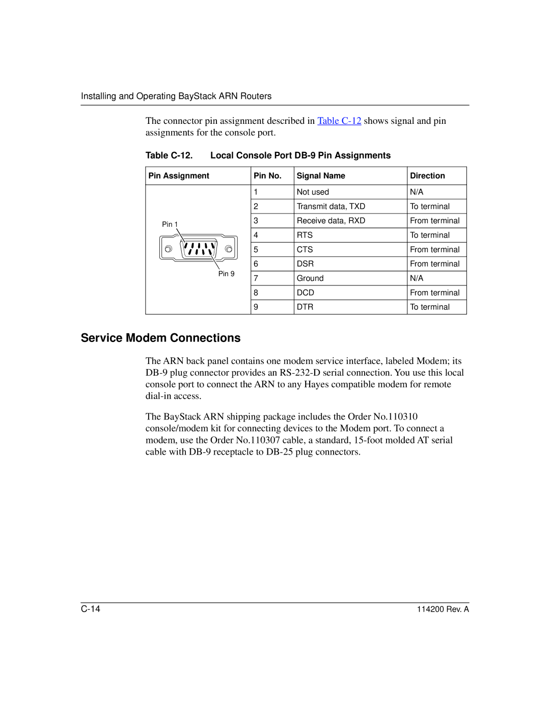 Bay Technical Associates none manual Service Modem Connections, Table C-12. Local Console Port DB-9 Pin Assignments 