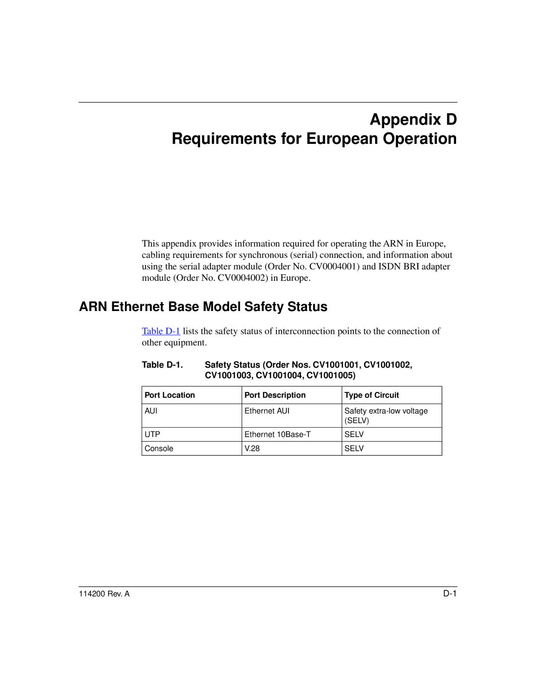 Bay Technical Associates none manual Appendix D Requirements for European Operation, ARN Ethernet Base Model Safety Status 