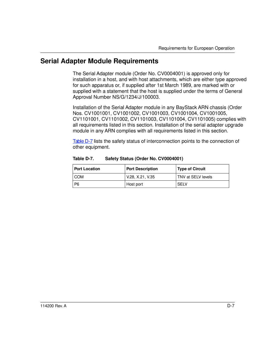 Bay Technical Associates none manual Serial Adapter Module Requirements, Table D-7 Safety Status Order No. CV0004001 