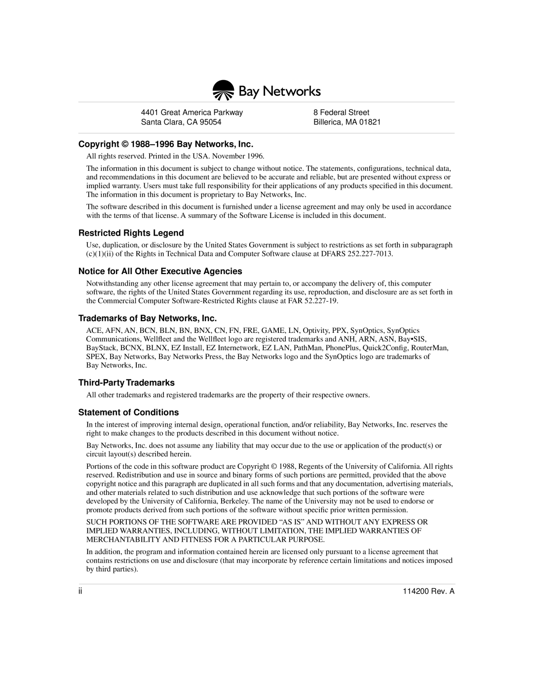 Bay Technical Associates none Copyright 1988-1996 Bay Networks, Inc, Restricted Rights Legend, Third-Party Trademarks 