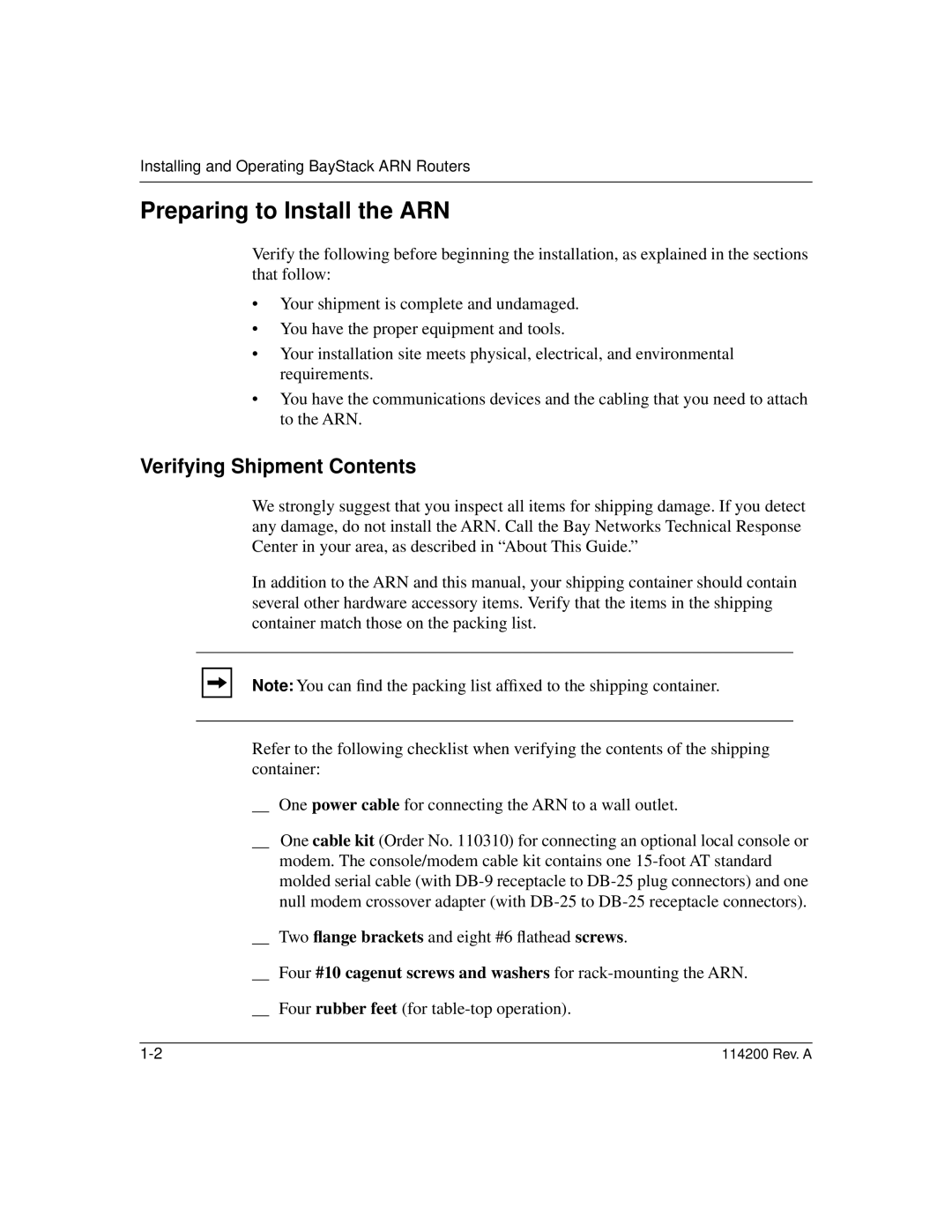 Bay Technical Associates none manual Preparing to Install the ARN, Verifying Shipment Contents 