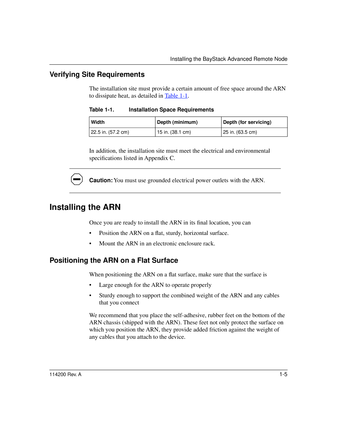 Bay Technical Associates none manual Installing the ARN, Verifying Site Requirements, Positioning the ARN on a Flat Surface 