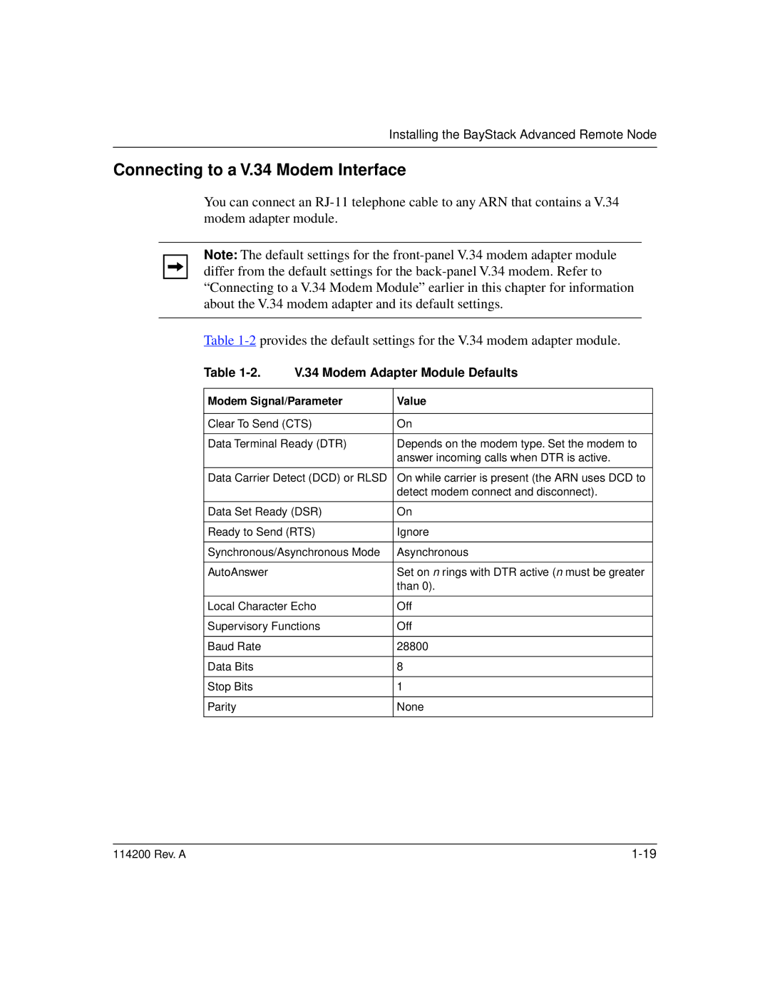 Bay Technical Associates none manual Connecting to a V.34 Modem Interface, Modem Adapter Module Defaults 