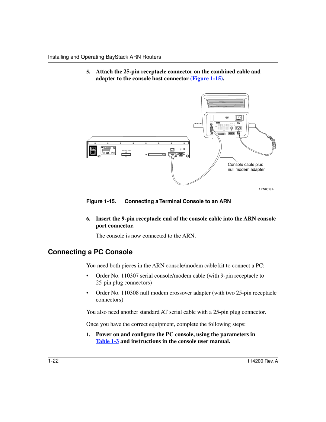 Bay Technical Associates none manual Connecting a PC Console, Connecting a Terminal Console to an ARN 