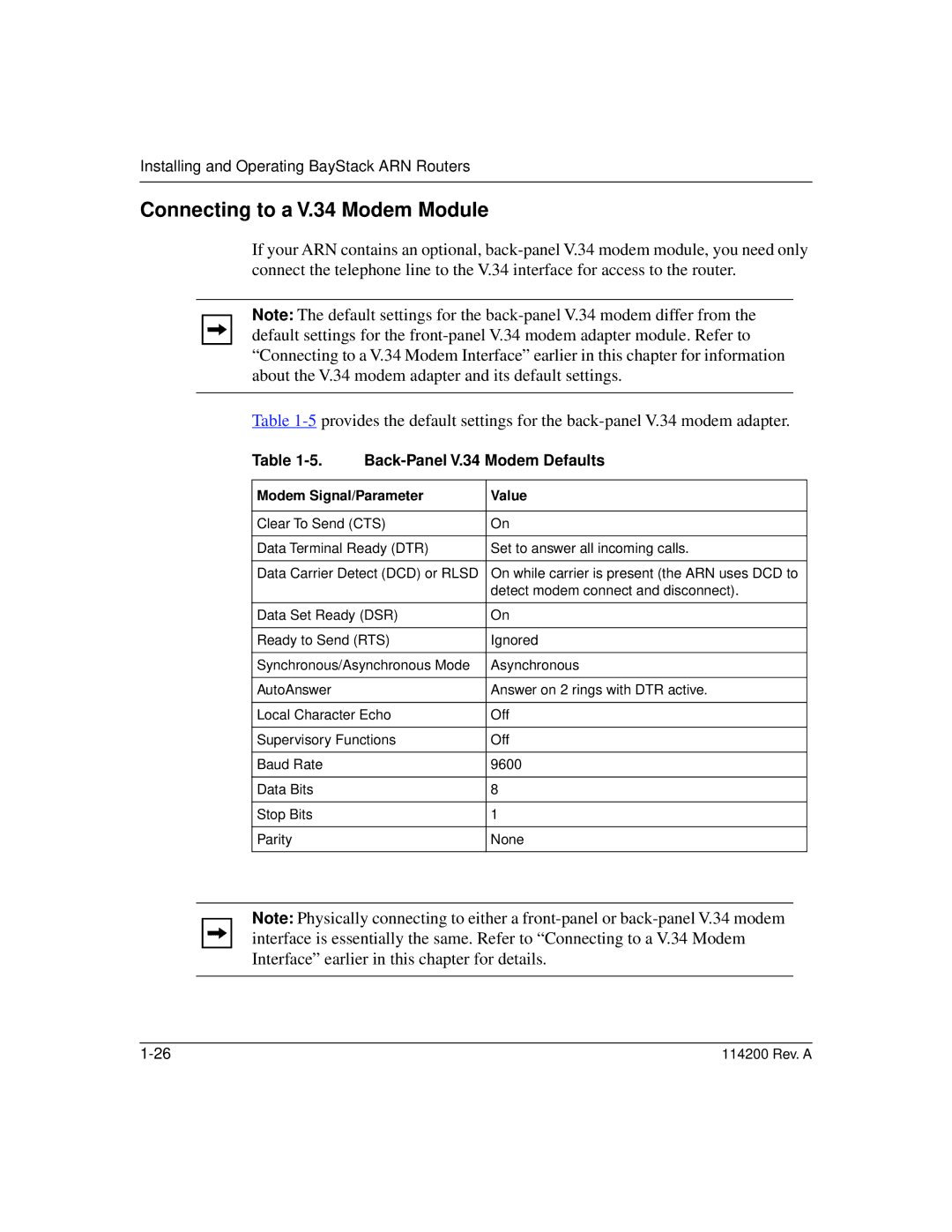 Bay Technical Associates none manual Connecting to a V.34 Modem Module, Back-Panel V.34 Modem Defaults 