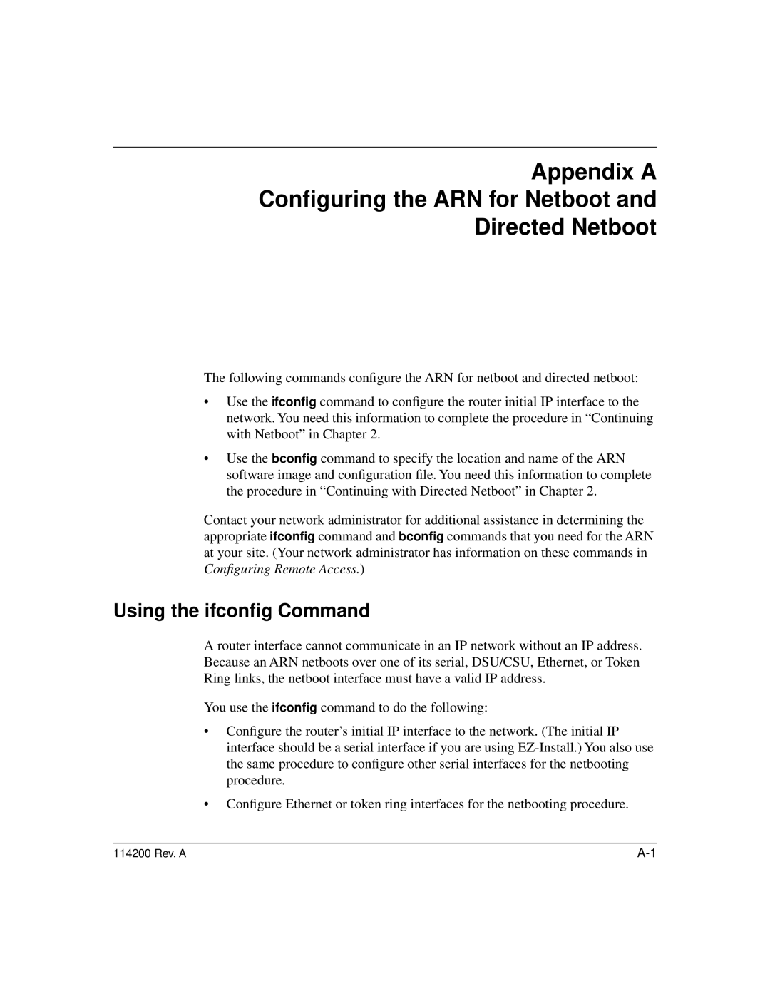 Bay Technical Associates none manual Appendix a Conﬁguring the ARN for Netboot Directed Netboot, Using the ifconﬁg Command 