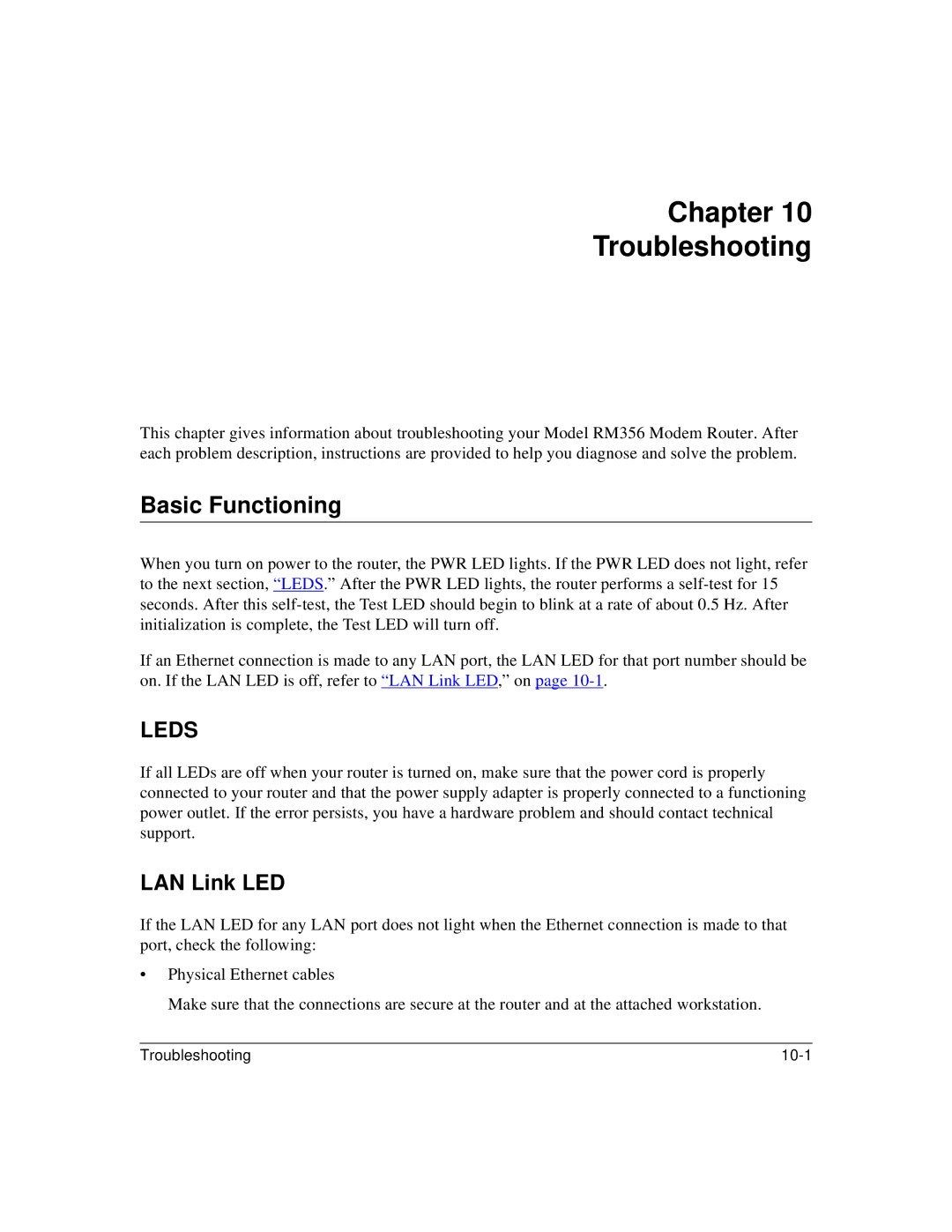 Bay Technical Associates RM356 manual Chapter Troubleshooting, Basic Functioning, LAN Link LED 