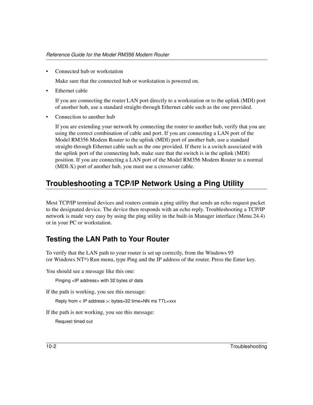 Bay Technical Associates RM356 Troubleshooting a TCP/IP Network Using a Ping Utility, Testing the LAN Path to Your Router 
