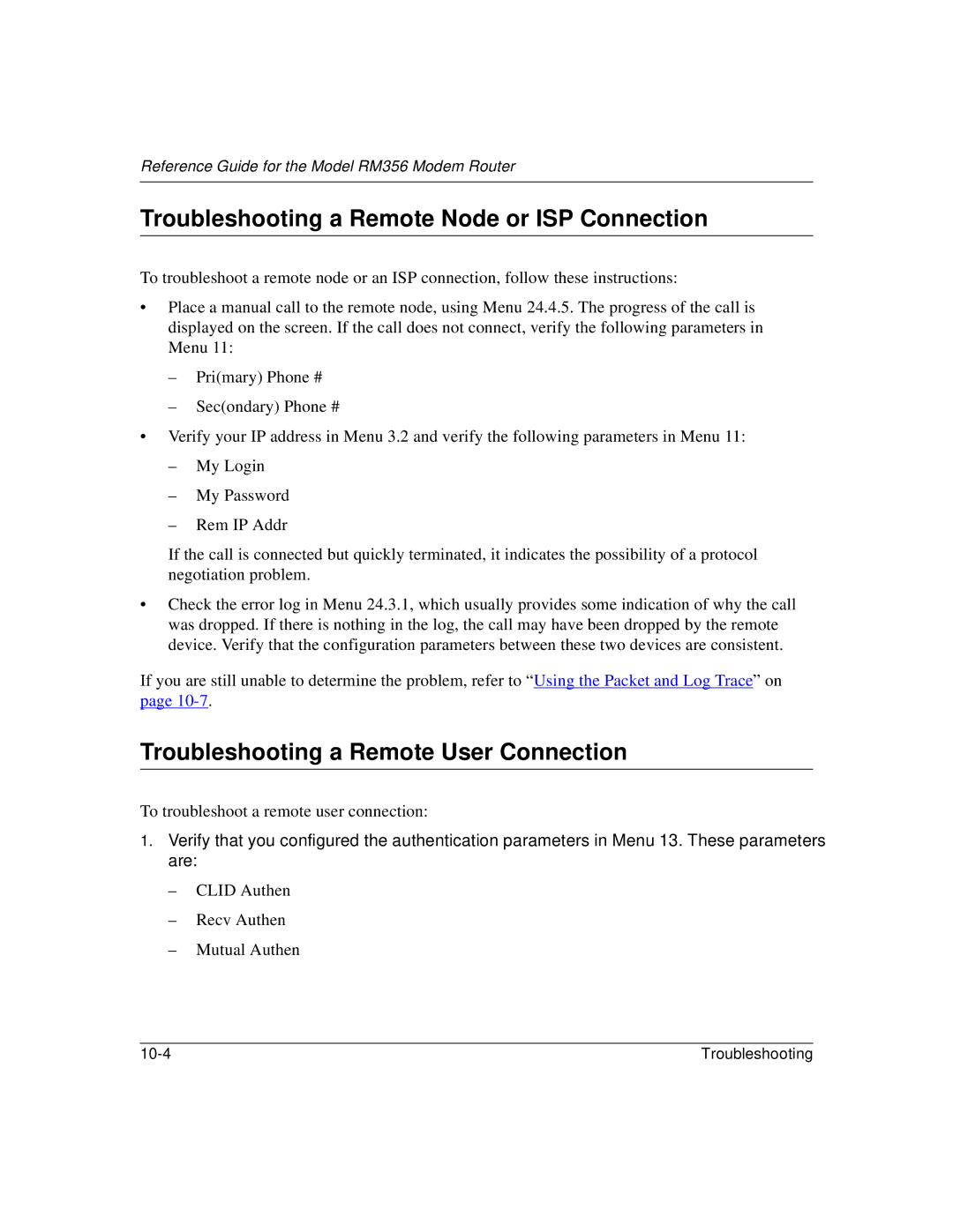 Bay Technical Associates RM356 Troubleshooting a Remote Node or ISP Connection, Troubleshooting a Remote User Connection 