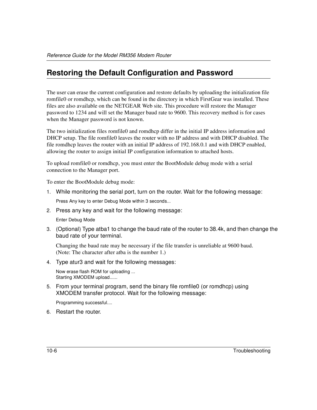 Bay Technical Associates RM356 manual Restoring the Default Configuration and Password 