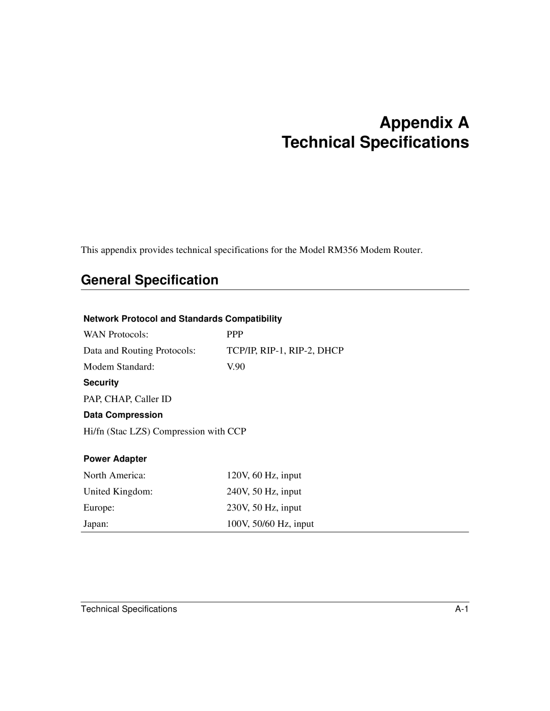 Bay Technical Associates RM356 manual Appendix a Technical Specifications, General Specification 