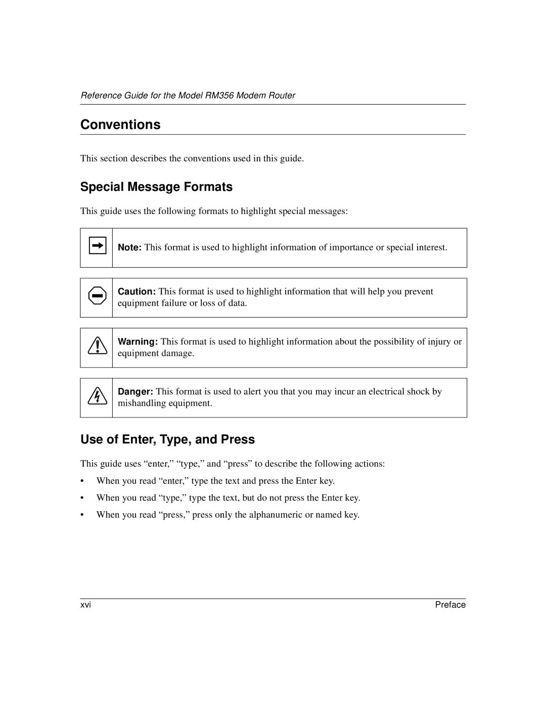 Bay Technical Associates RM356 manual Conventions, Special Message Formats, Use of Enter, Type, and Press 