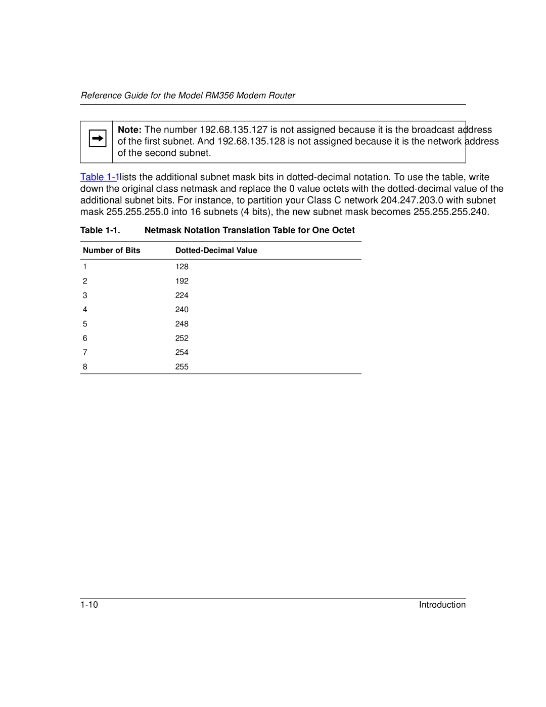 Bay Technical Associates RM356 manual Netmask Notation Translation Table for One Octet, Number of Bits Dotted-Decimal Value 