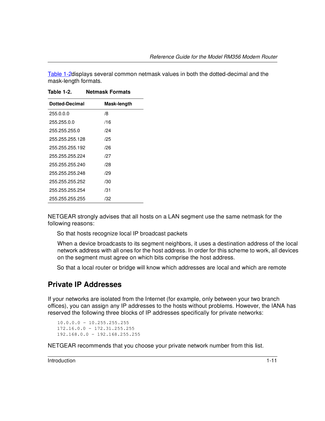 Bay Technical Associates RM356 manual Private IP Addresses, Netmask Formats, Dotted-Decimal Mask-length 