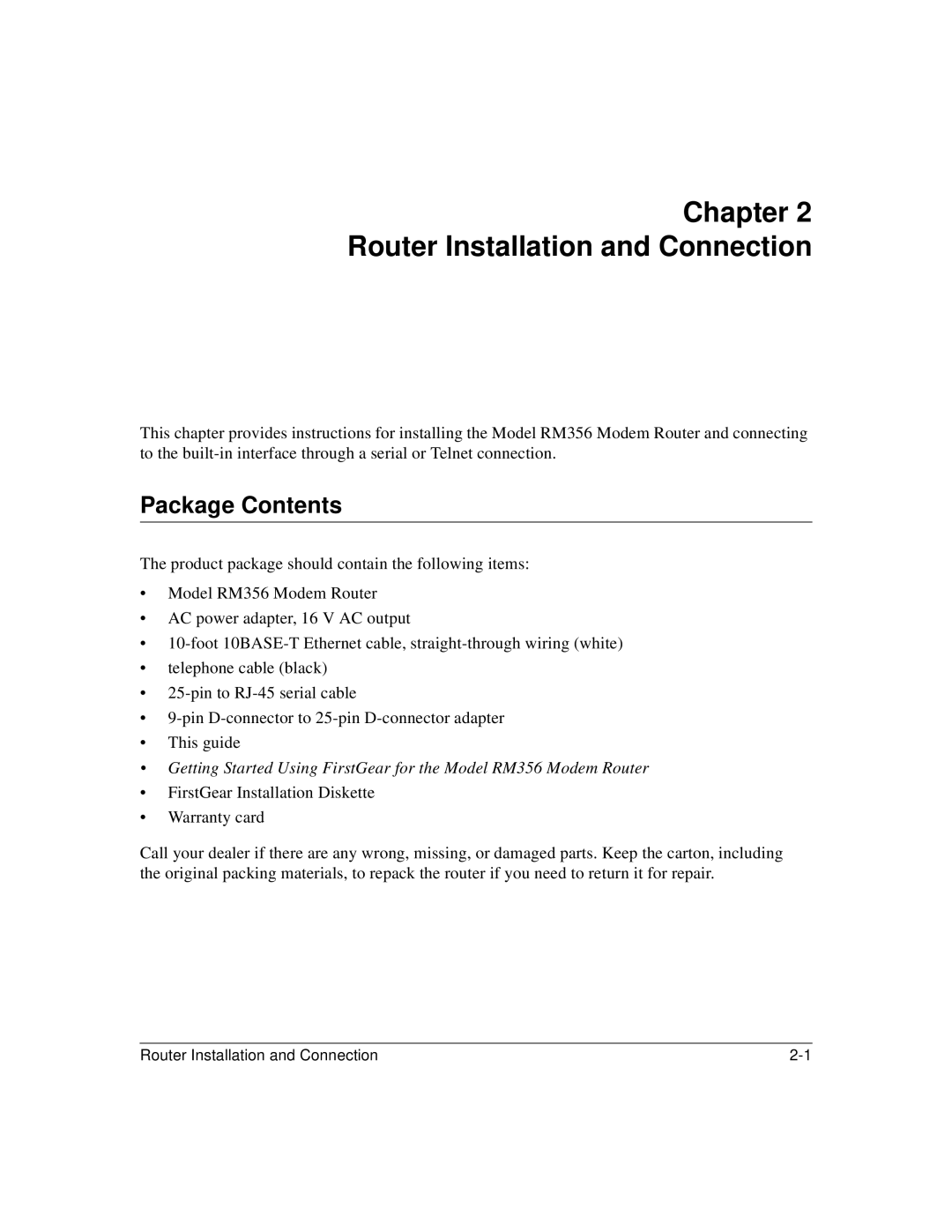 Bay Technical Associates RM356 manual Chapter Router Installation and Connection, Package Contents 