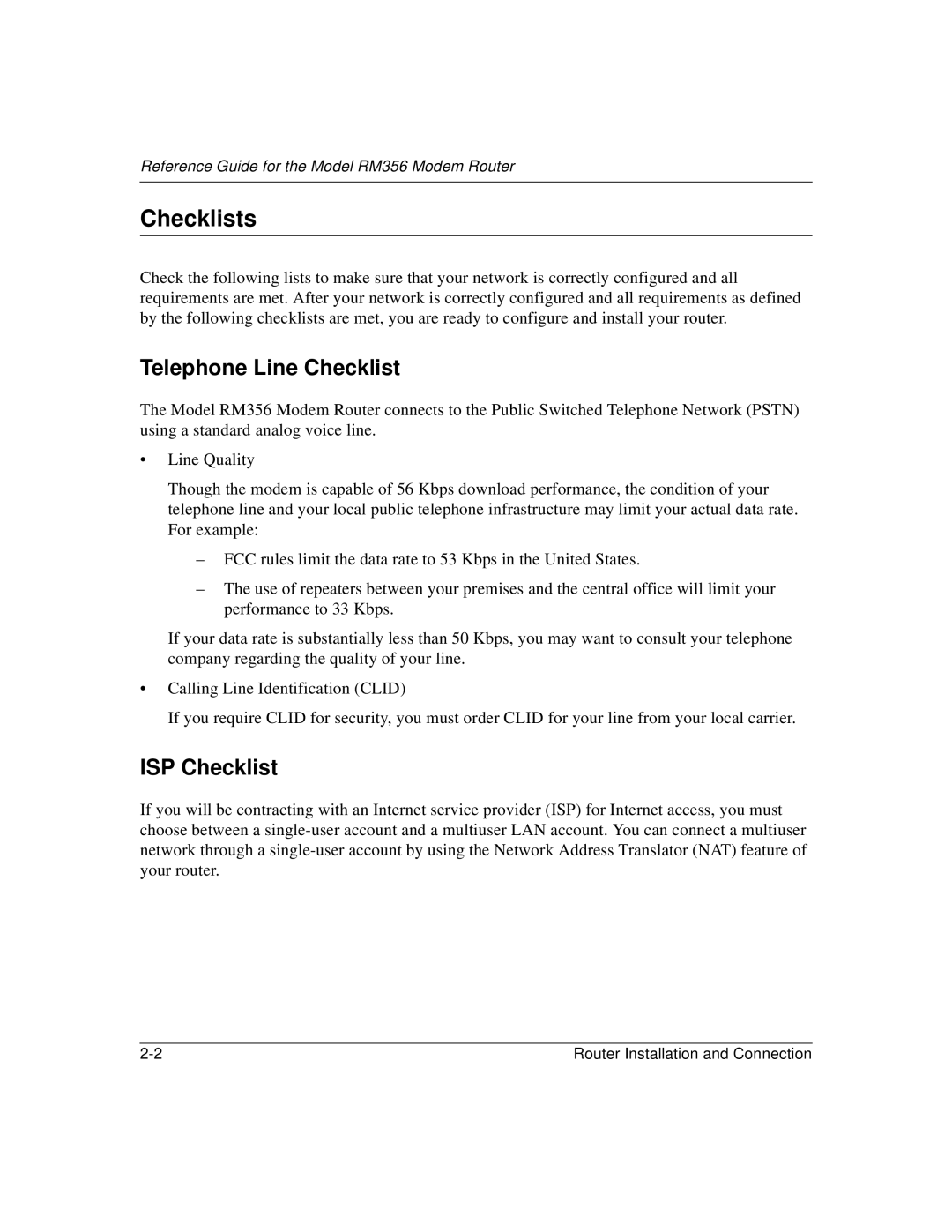 Bay Technical Associates RM356 manual Checklists, Telephone Line Checklist, ISP Checklist 