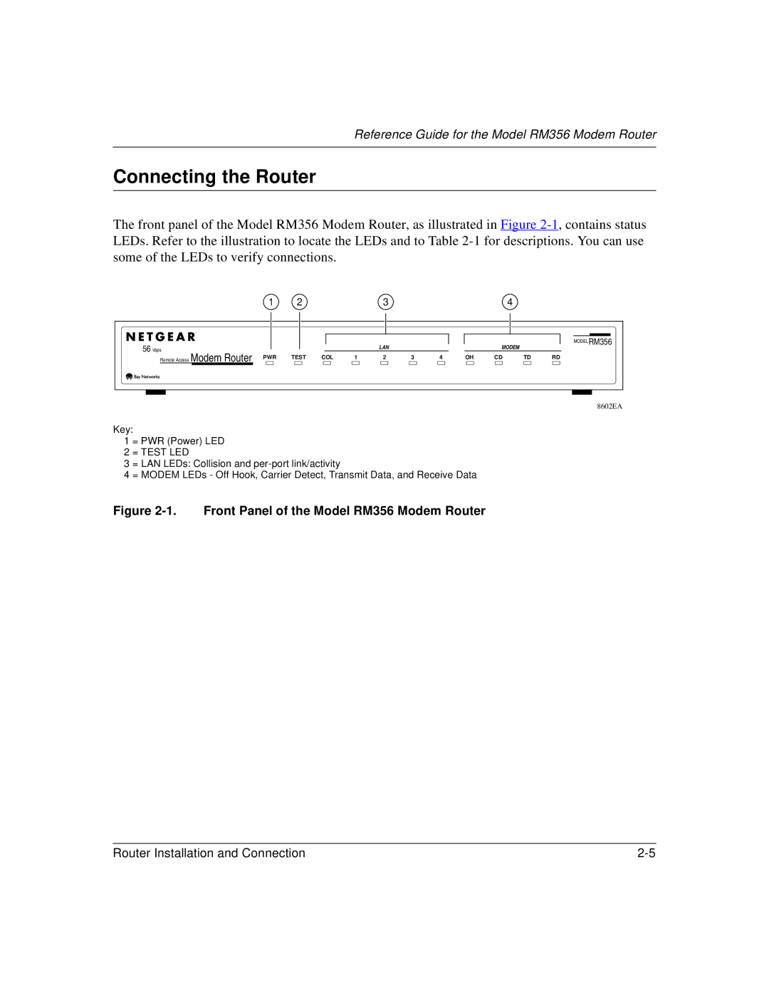 Bay Technical Associates manual Connecting the Router, Front Panel of the Model RM356 Modem Router 