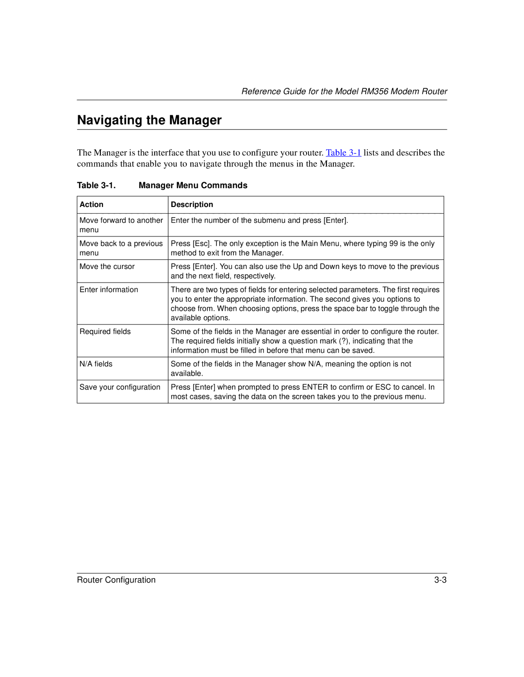 Bay Technical Associates RM356 manual Navigating the Manager, Manager Menu Commands, Action Description 