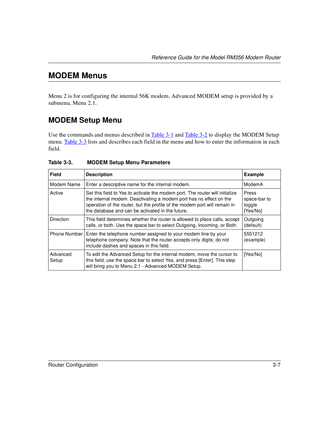 Bay Technical Associates RM356 manual Modem Menus, Modem Setup Menu Parameters, Field Description Example 