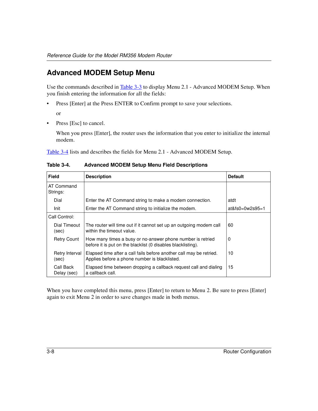 Bay Technical Associates RM356 manual Advanced Modem Setup Menu Field Descriptions, Field Description Default 