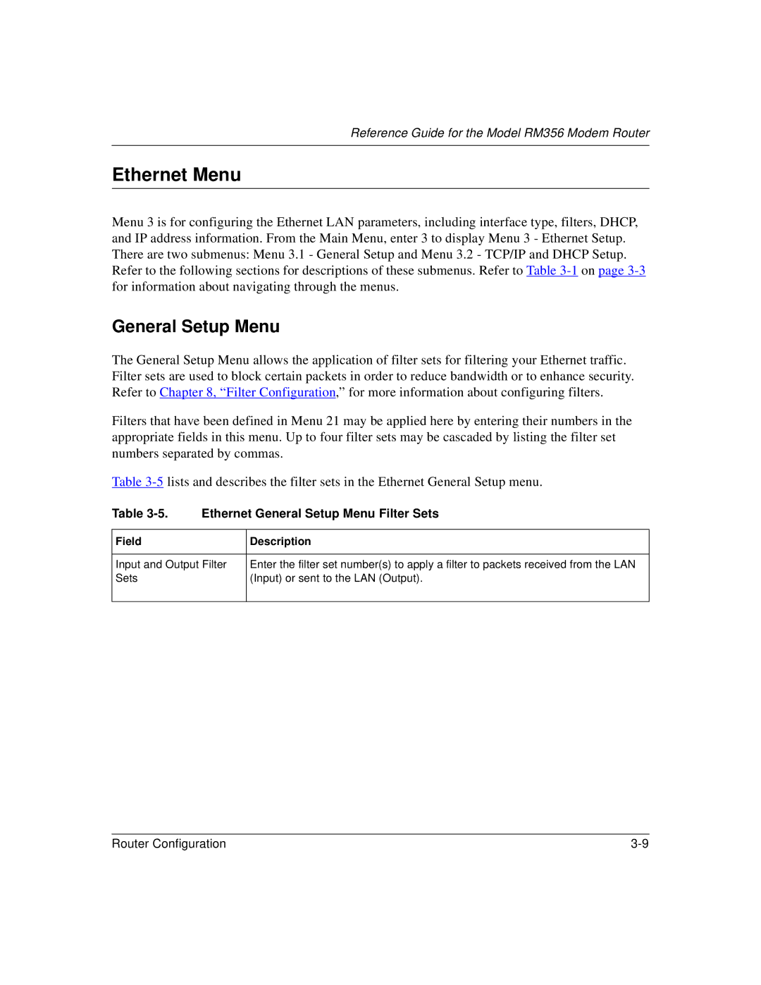 Bay Technical Associates RM356 manual Ethernet Menu, Ethernet General Setup Menu Filter Sets, Field Description 