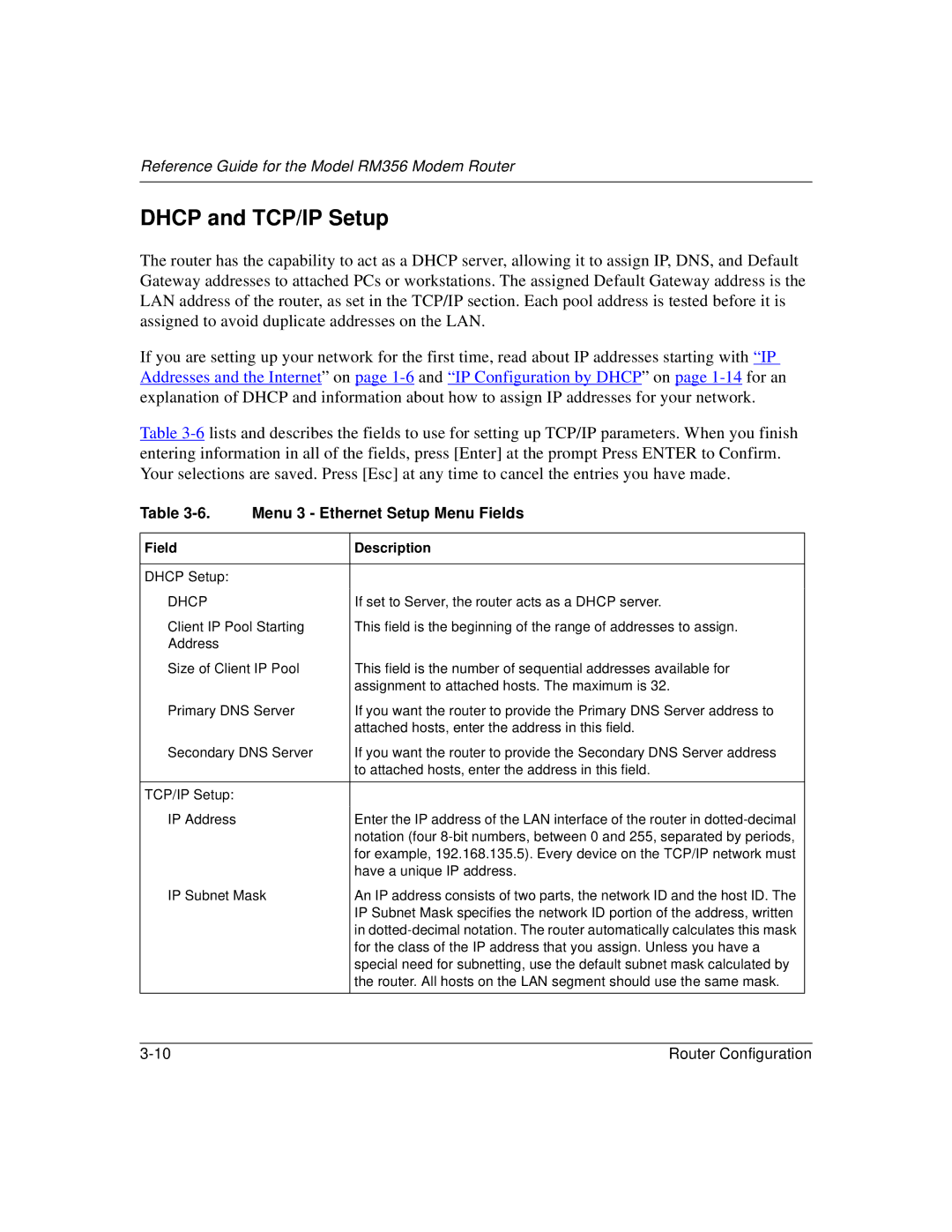 Bay Technical Associates RM356 manual Dhcp and TCP/IP Setup, Menu 3 Ethernet Setup Menu Fields 