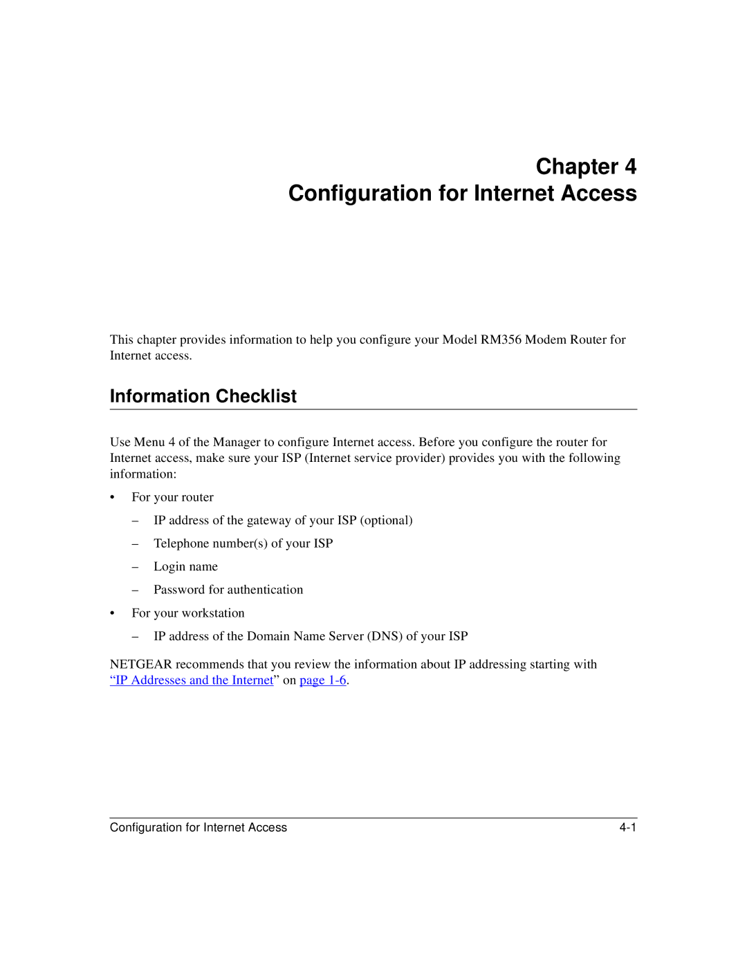 Bay Technical Associates RM356 manual Chapter Configuration for Internet Access, Information Checklist 