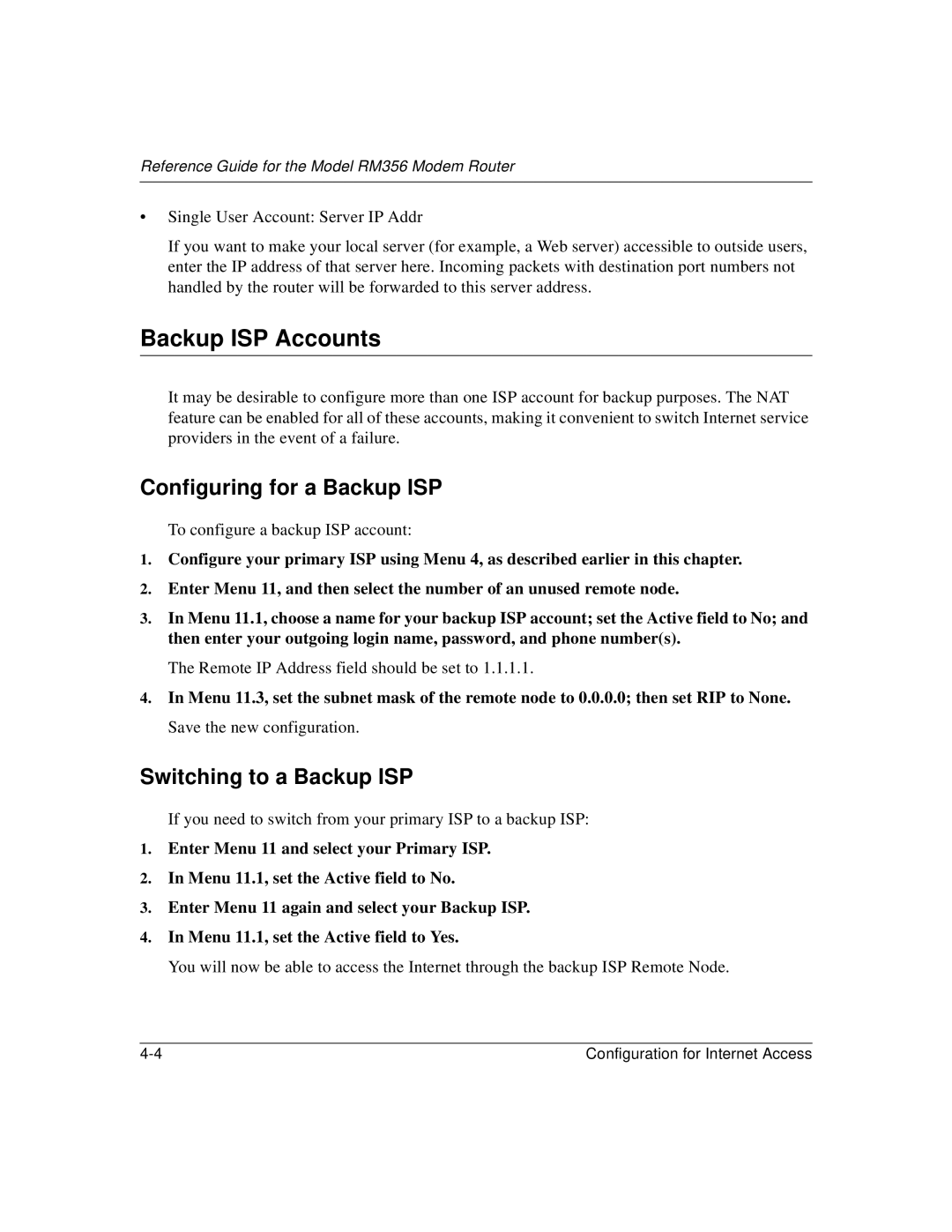 Bay Technical Associates RM356 manual Backup ISP Accounts, Configuring for a Backup ISP, Switching to a Backup ISP 