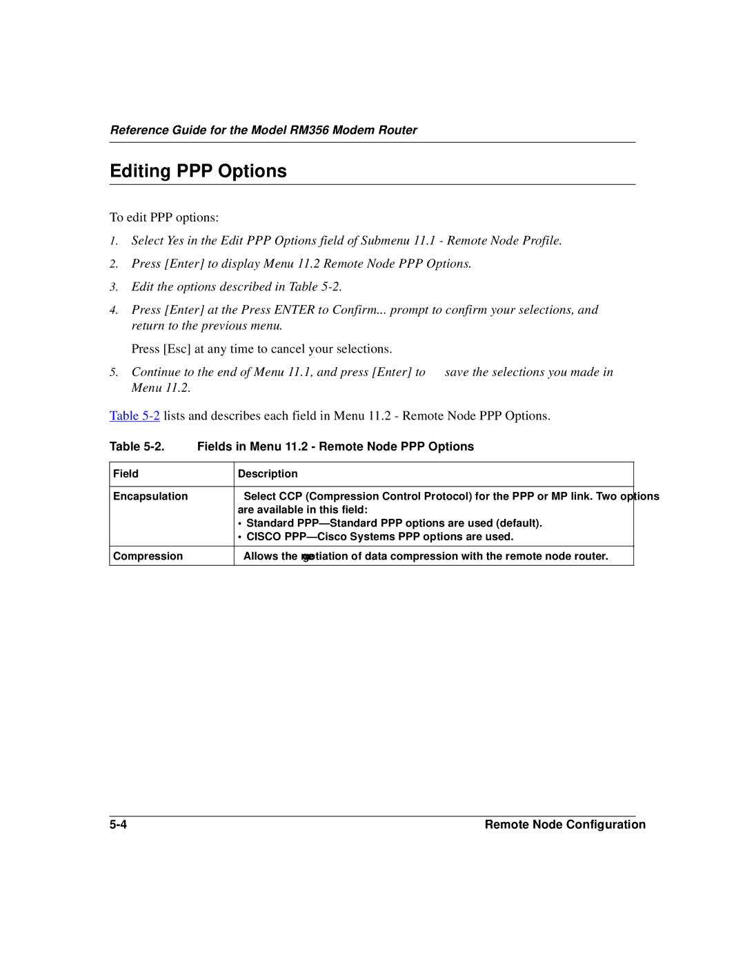 Bay Technical Associates RM356 manual Editing PPP Options, Fields in Menu 11.2 Remote Node PPP Options 