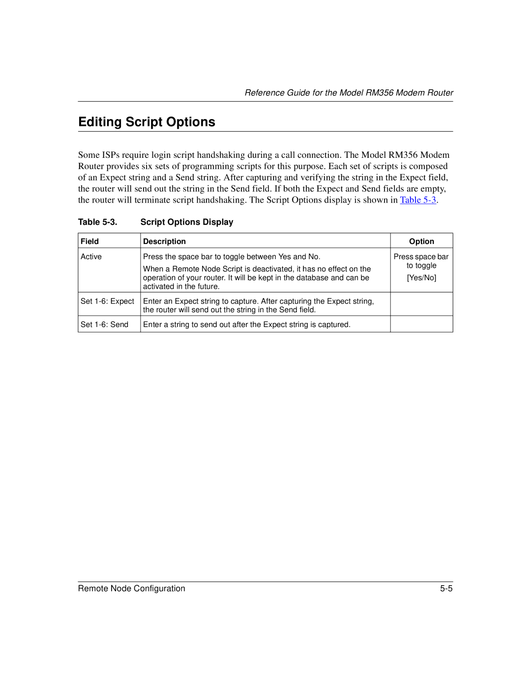 Bay Technical Associates RM356 manual Editing Script Options, Script Options Display, Field Description Option 