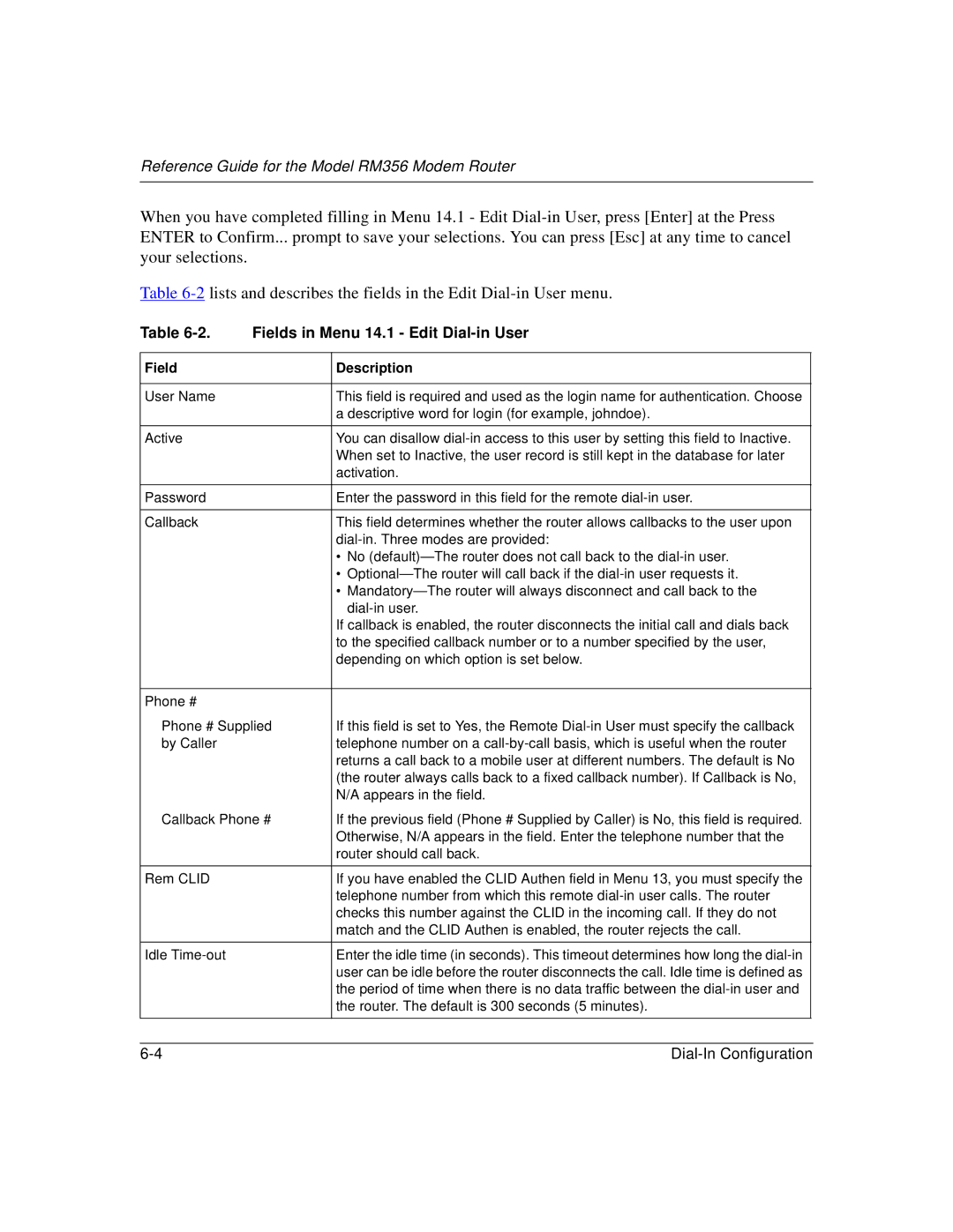 Bay Technical Associates RM356 manual Fields in Menu 14.1 Edit Dial-in User 