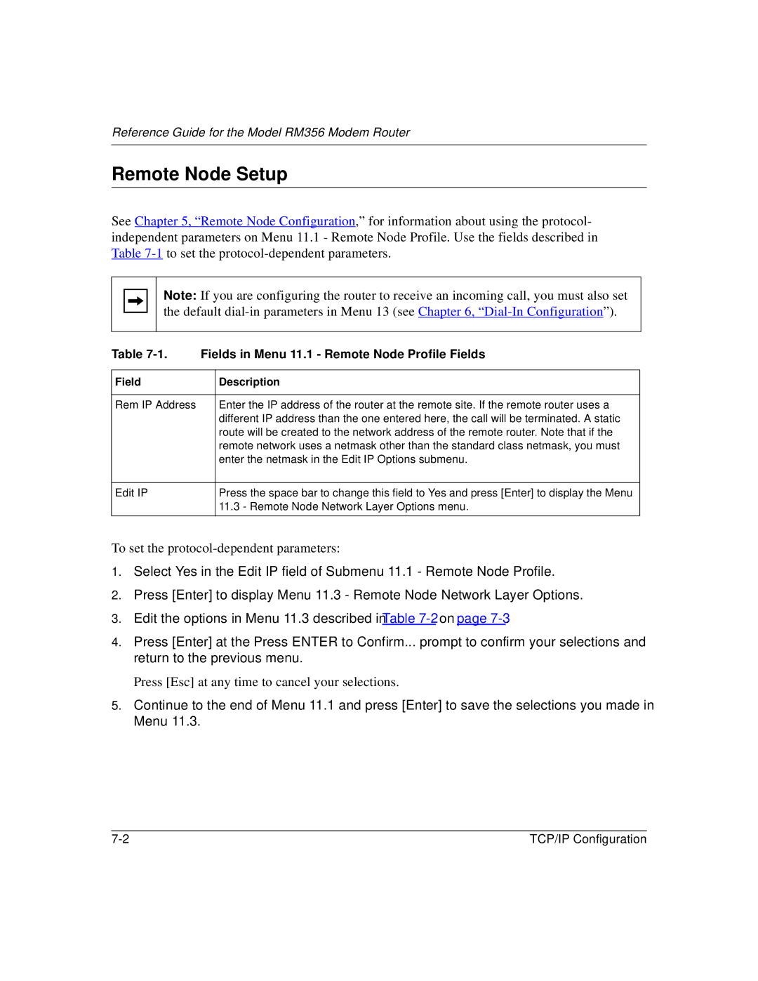 Bay Technical Associates RM356 manual Remote Node Setup, Fields in Menu 11.1 Remote Node Profile Fields 