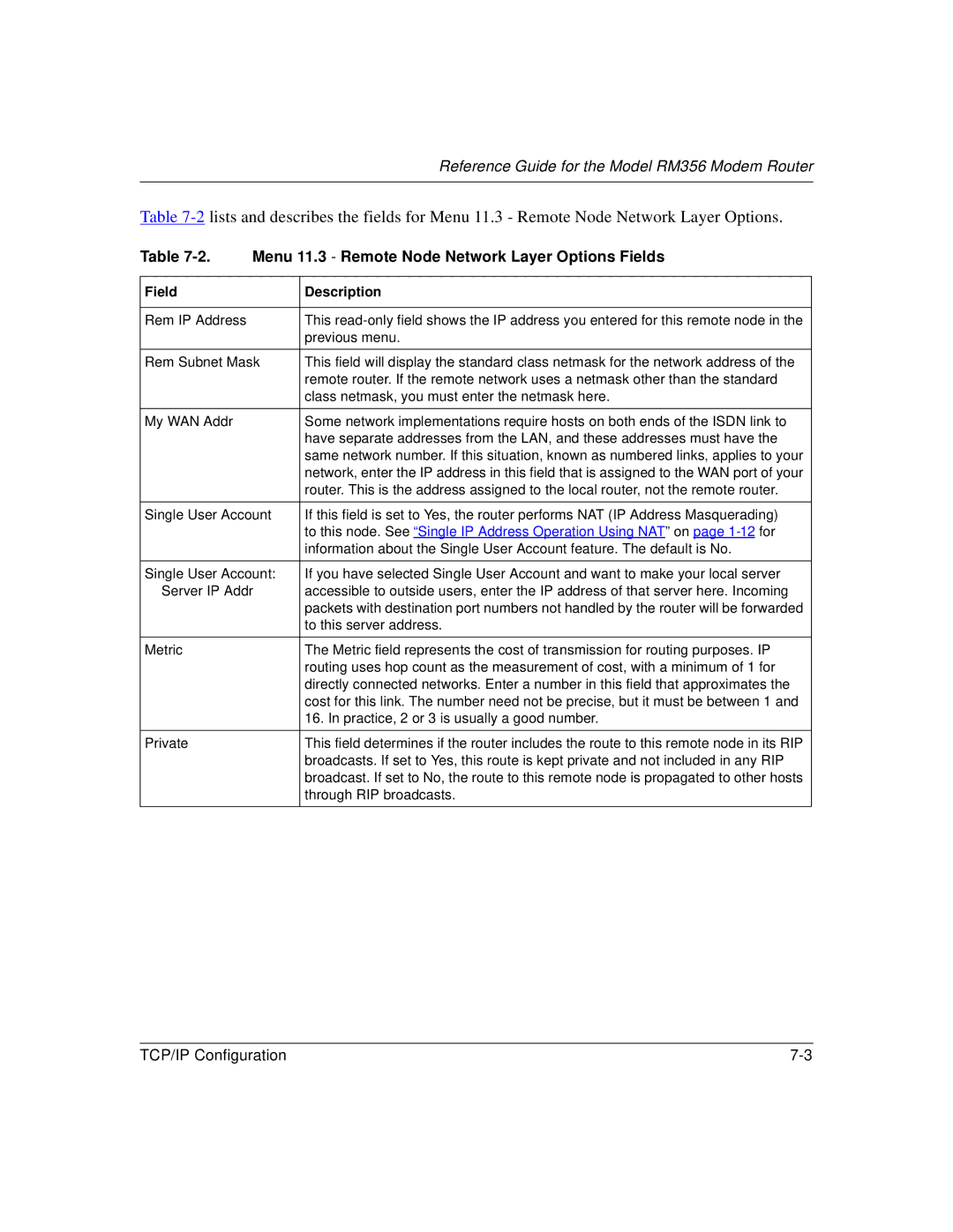 Bay Technical Associates RM356 manual Menu 11.3 Remote Node Network Layer Options Fields 