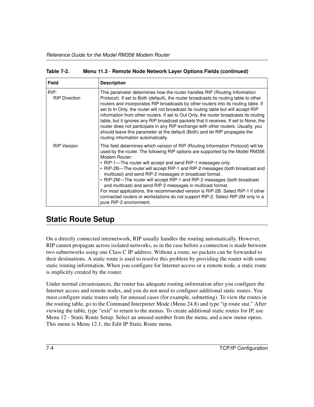 Bay Technical Associates RM356 manual Static Route Setup, Rip 