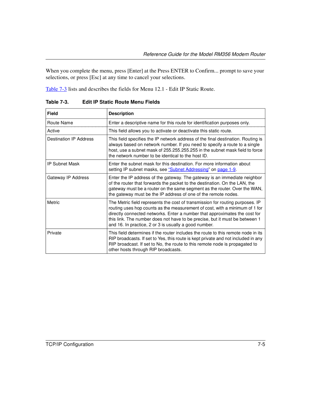 Bay Technical Associates RM356 manual Edit IP Static Route Menu Fields 