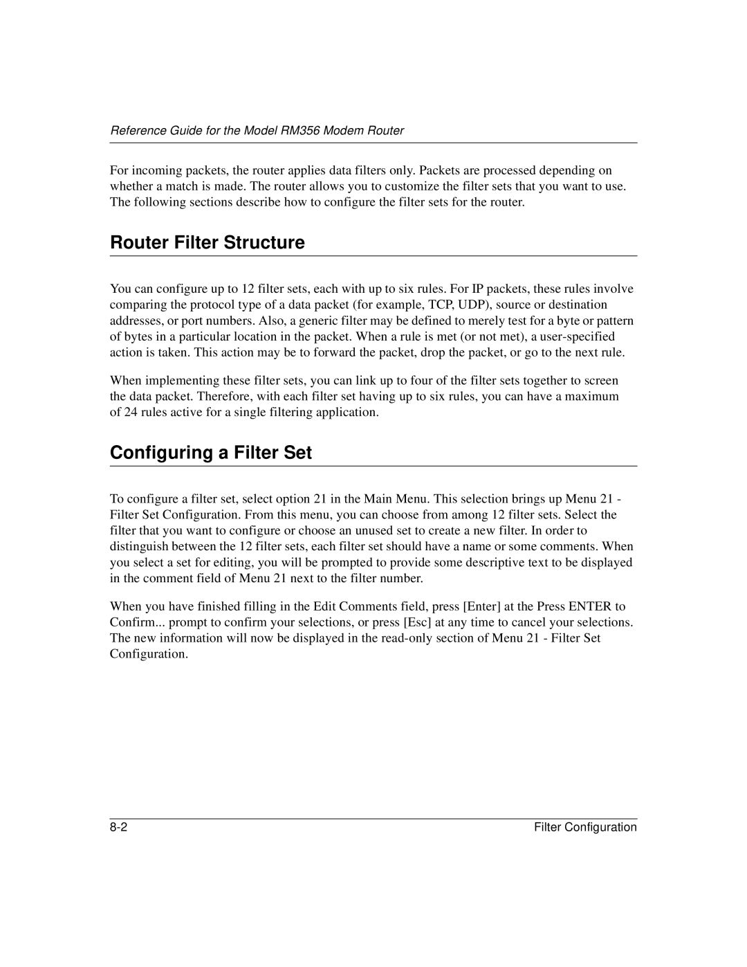 Bay Technical Associates RM356 manual Router Filter Structure, Configuring a Filter Set 