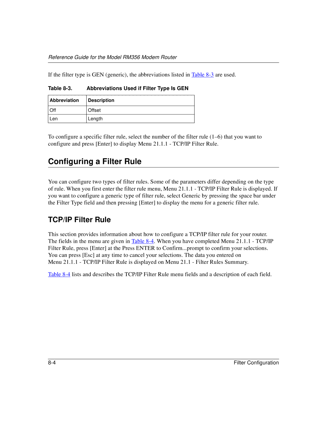 Bay Technical Associates RM356 Configuring a Filter Rule, TCP/IP Filter Rule, Abbreviations Used if Filter Type Is GEN 