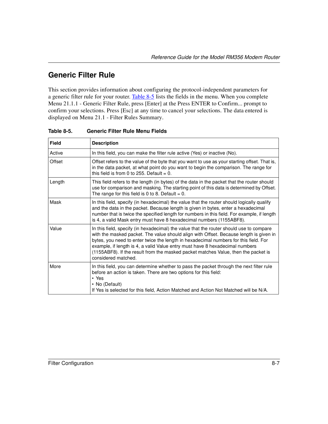 Bay Technical Associates RM356 manual Generic Filter Rule Menu Fields 