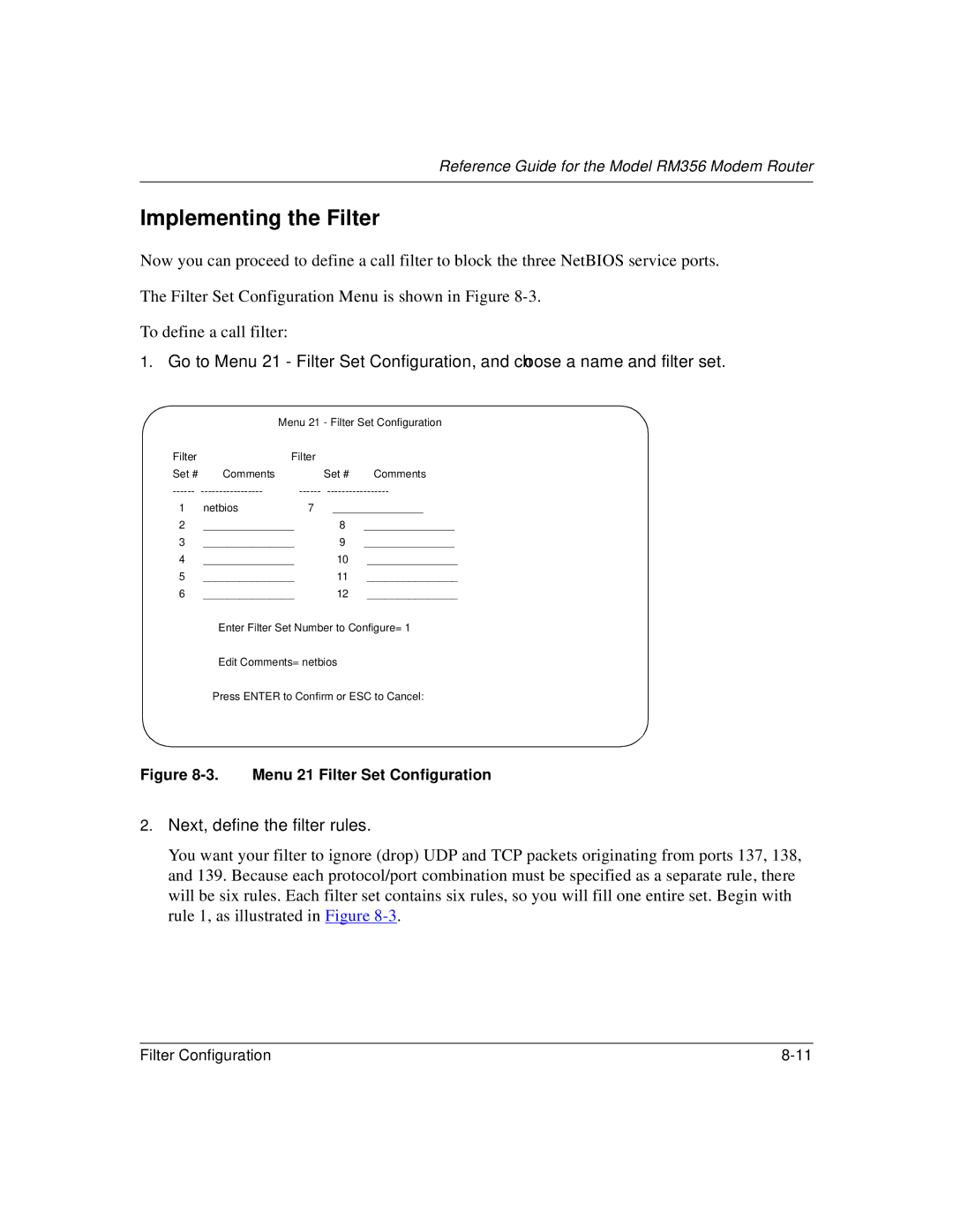 Bay Technical Associates RM356 manual Implementing the Filter, Menu 21 Filter Set Configuration 