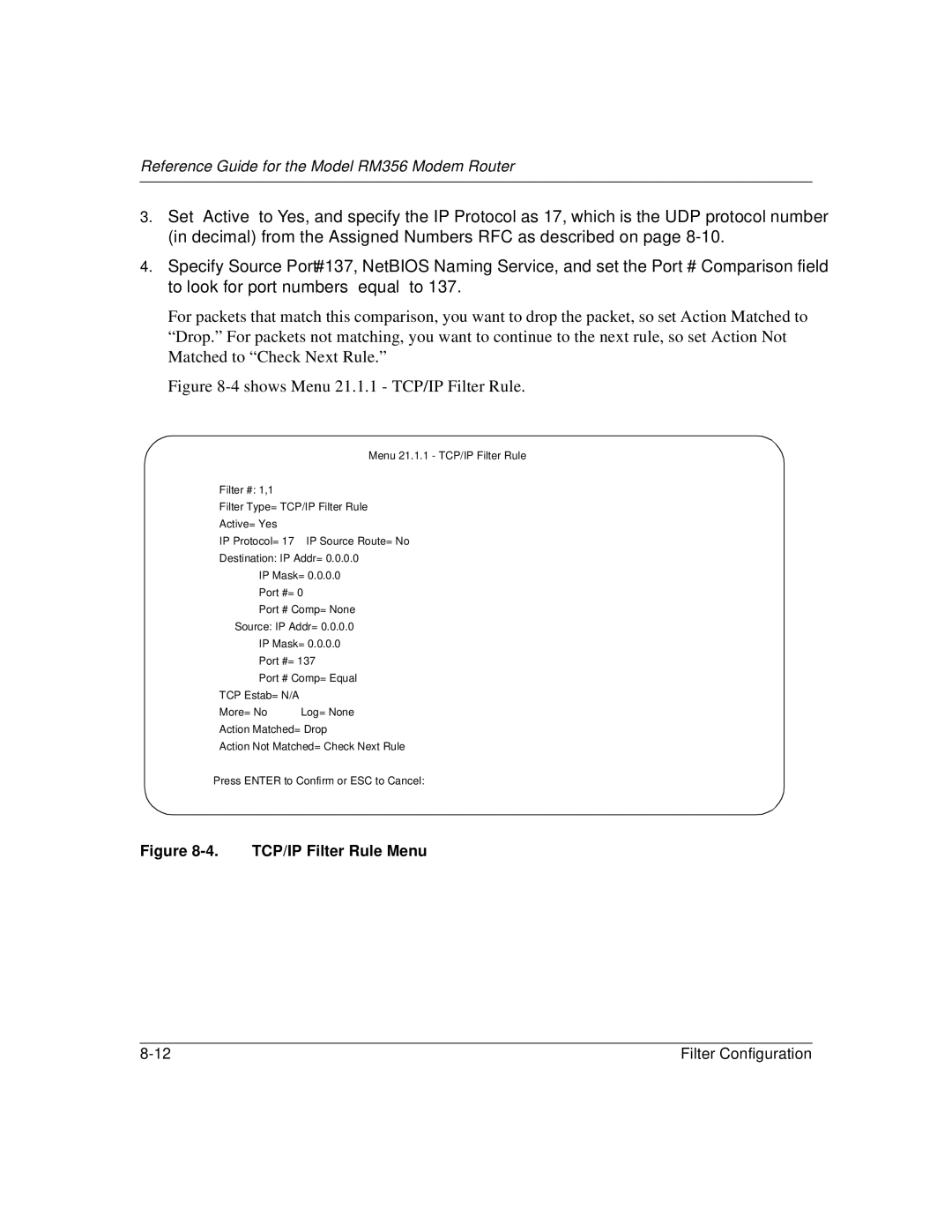 Bay Technical Associates RM356 manual Shows Menu 21.1.1 TCP/IP Filter Rule 