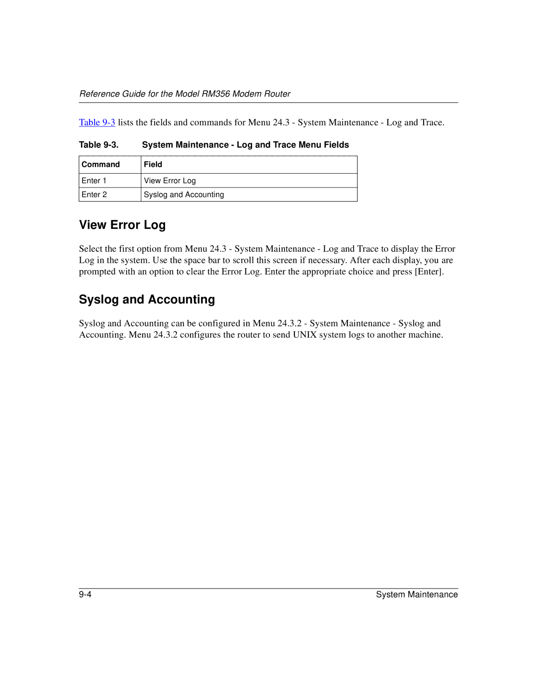 Bay Technical Associates RM356 manual View Error Log, Syslog and Accounting, System Maintenance Log and Trace Menu Fields 