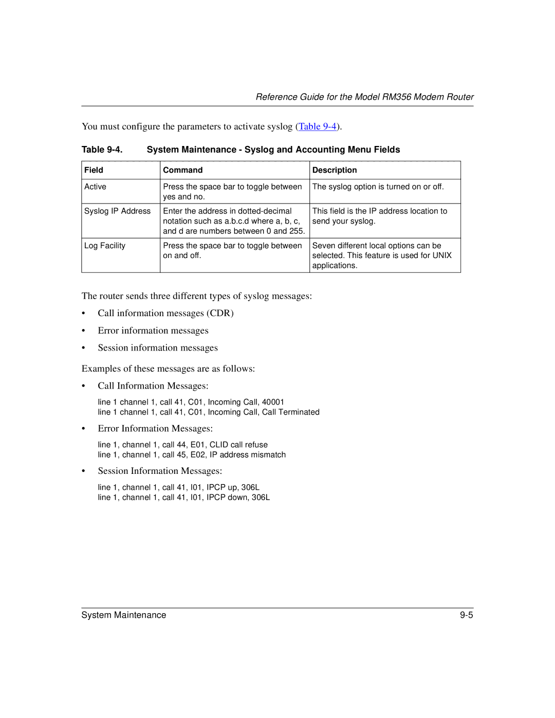 Bay Technical Associates RM356 manual System Maintenance Syslog and Accounting Menu Fields, Field Command Description 