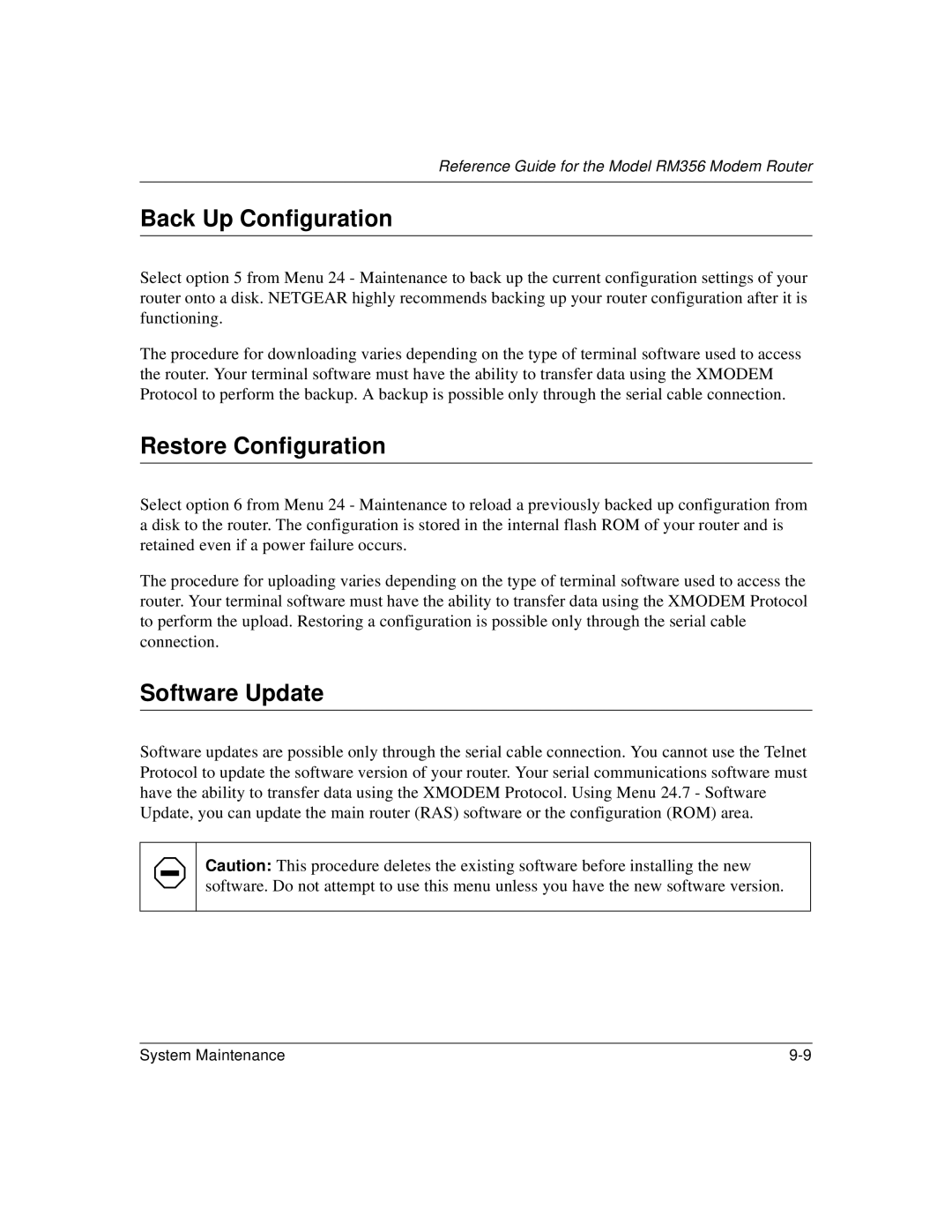 Bay Technical Associates RM356 manual Back Up Configuration, Restore Configuration, Software Update 