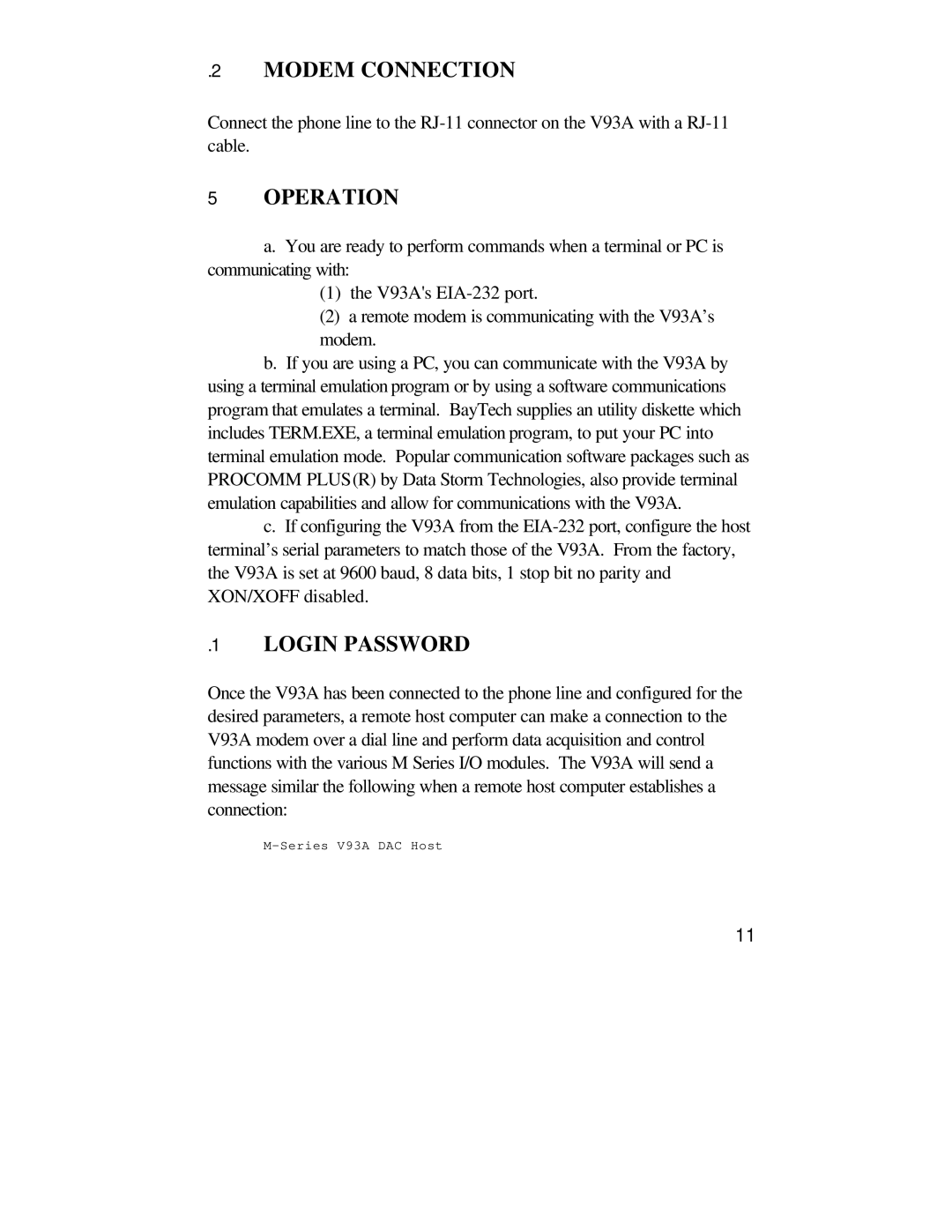 Bay Technical Associates U140E116-02 owner manual Modem Connection, Operation, Login Password 